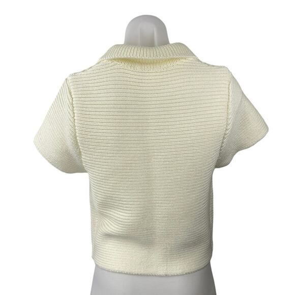 Zara Cream White Rib Knit Collar Short Sleeve Button Up Polo Sweater Top Size M - Picture 3 of 5